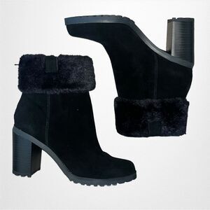 New in Box H By HALSTON Cindy Stacked Heel Suede and Fur Ankle Bootie Size 8